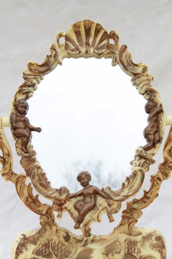 photo of vintage vanity stand mirror for a fairy tale princess, ivory plastic frame w/ gold angels #7