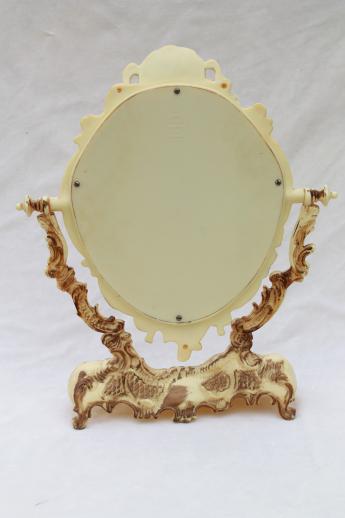photo of vintage vanity stand mirror for a fairy tale princess, ivory plastic frame w/ gold angels #8