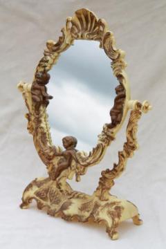 catalog photo of vintage vanity stand mirror for a fairy tale princess, ivory plastic frame w/ gold angels