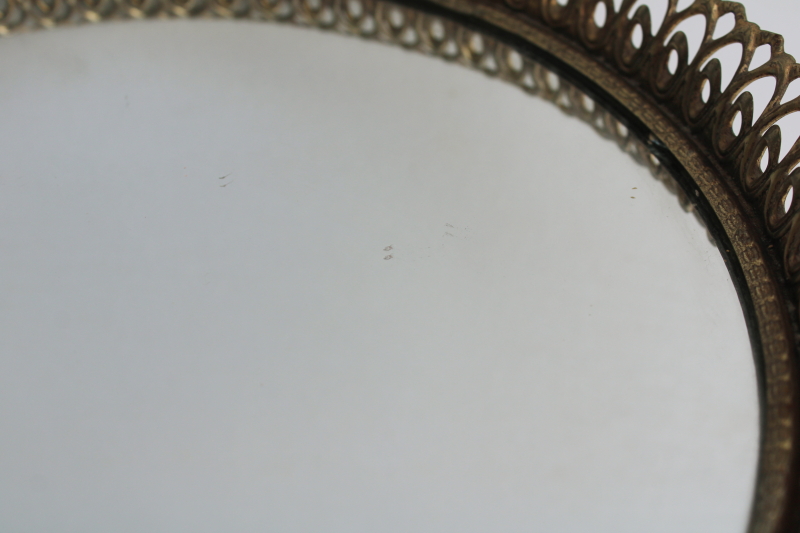 photo of vintage vanity table perfume tray, round glass mirror w/ gold metal filigree frame  #2