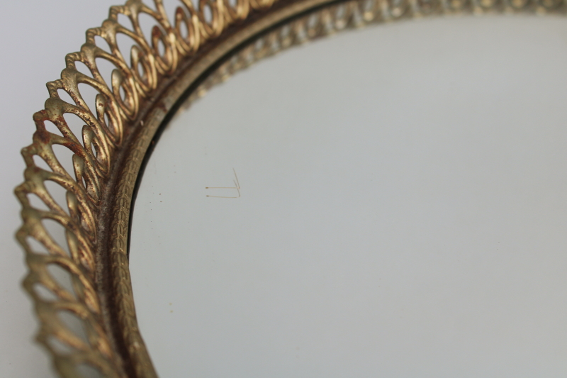 photo of vintage vanity table perfume tray, round glass mirror w/ gold metal filigree frame  #3