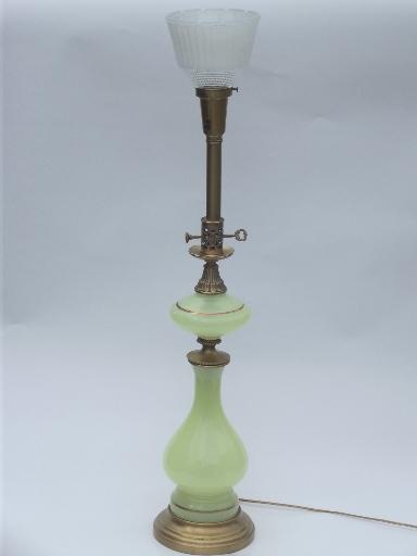 photo of vintage vaseline custard glass lamp, tall Stiffel brass / art glass lamp #1