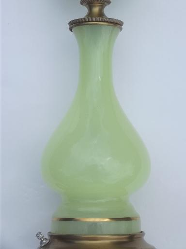 photo of vintage vaseline custard glass lamp, tall Stiffel brass / art glass lamp #7