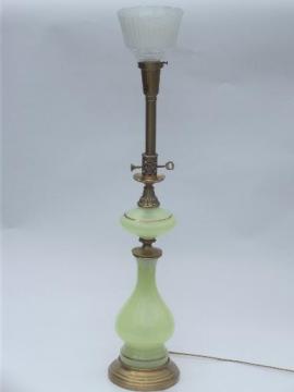 catalog photo of vintage vaseline custard glass lamp, tall Stiffel brass / art glass lamp