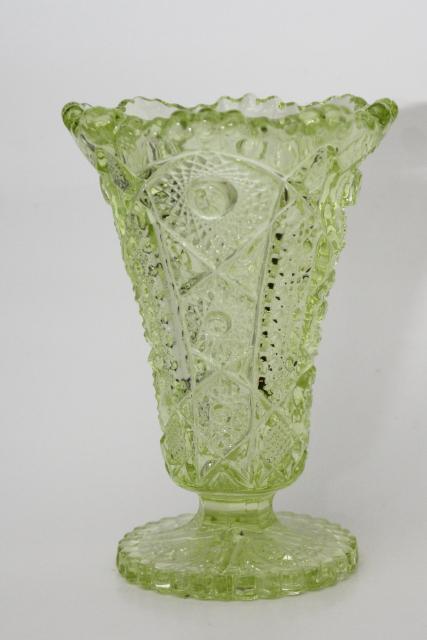 photo of vintage vaseline glass vase, sunburst pattern pressed glass canary yellow green #1