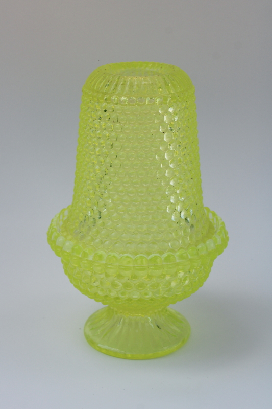 photo of vintage vaseline yellow glass fairy lamp candle holder w/ shade, thousand eye pattern hobnail glass #1