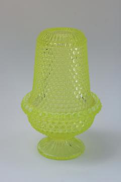 catalog photo of vintage vaseline yellow glass fairy lamp candle holder w/ shade, thousand eye pattern hobnail glass