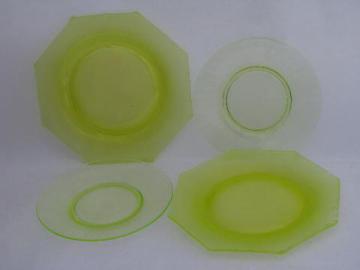 catalog photo of vintage vaseline yellow-green depression glass plates, 1930s art deco