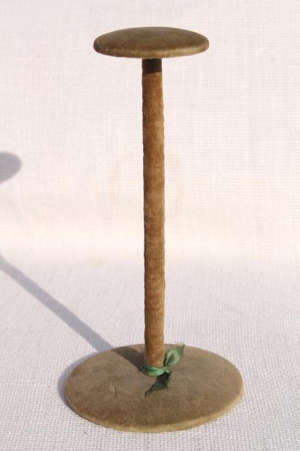 photo of vintage velvet covered hat stand display rack in lovely faded shabby moss green #1