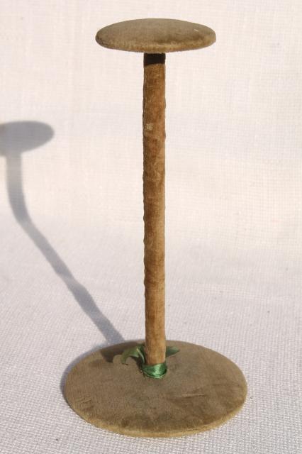 photo of vintage velvet covered hat stand display rack in lovely faded shabby moss green #6