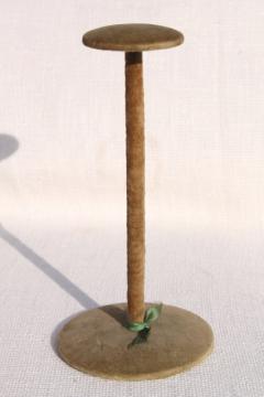 catalog photo of vintage velvet covered hat stand display rack in lovely faded shabby moss green