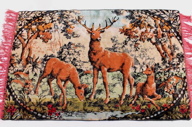 photo of vintage velvet plush tapestry wall hanging rug, deer at the lake scene, rustic cabin decor #1