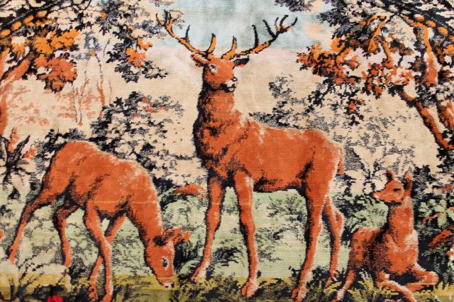 photo of vintage velvet plush tapestry wall hanging rug, deer at the lake scene, rustic cabin decor #3