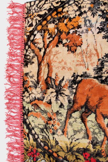 photo of vintage velvet plush tapestry wall hanging rug, deer at the lake scene, rustic cabin decor #9