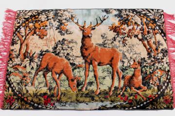 catalog photo of vintage velvet plush tapestry wall hanging rug, deer at the lake scene, rustic cabin decor