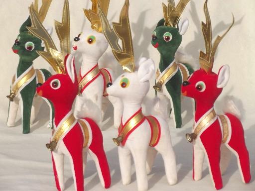 photo of vintage velvet reindeer, lot of red, green, white Christmas deer made in Japan #1