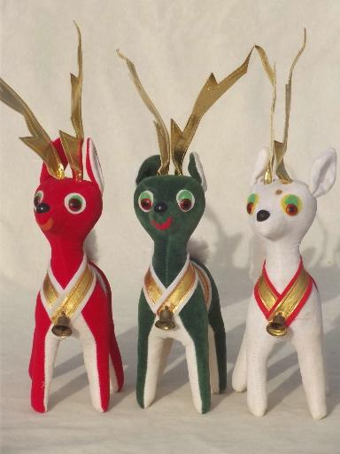 photo of vintage velvet reindeer, lot of red, green, white Christmas deer made in Japan #2