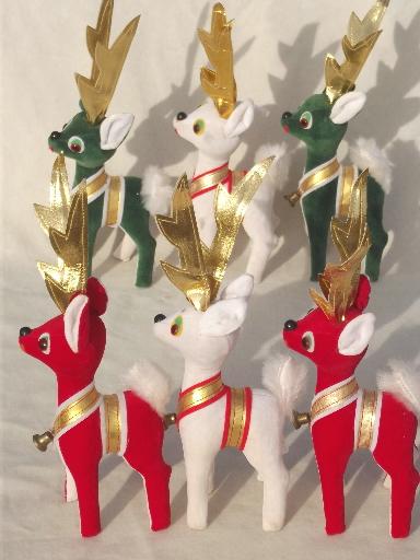 photo of vintage velvet reindeer, lot of red, green, white Christmas deer made in Japan #3