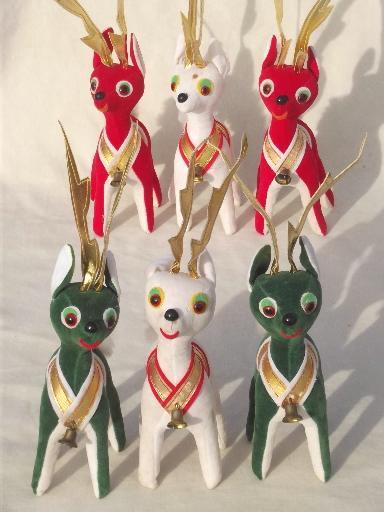 photo of vintage velvet reindeer, lot of red, green, white Christmas deer made in Japan #4