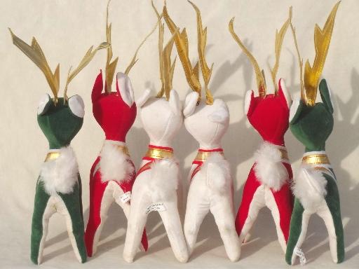 photo of vintage velvet reindeer, lot of red, green, white Christmas deer made in Japan #5