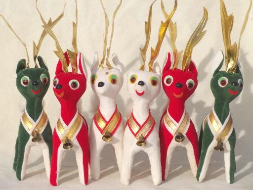 photo of vintage velvet reindeer, lot of red, green, white Christmas deer made in Japan #6