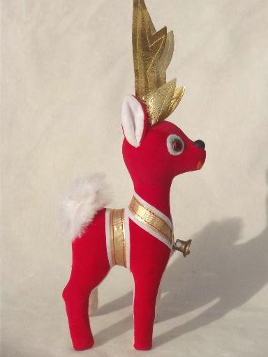 photo of vintage velvet reindeer, lot of red, green, white Christmas deer made in Japan #8