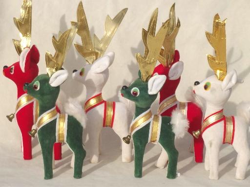 photo of vintage velvet reindeer, lot of red, green, white Christmas deer made in Japan #10