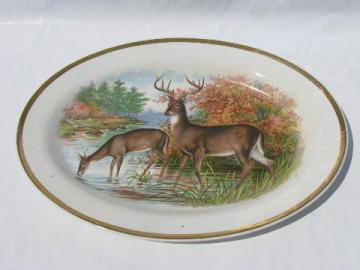 catalog photo of vintage venison game platter, very old Buffalo pottery w/ stag deer design