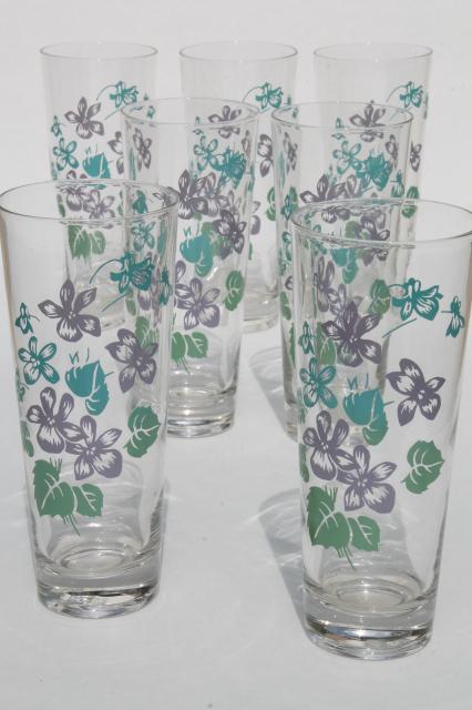 photo of vintage violet print drinking glasses, tall tumblers summer coolers w/ Royalon lavender violets  #1