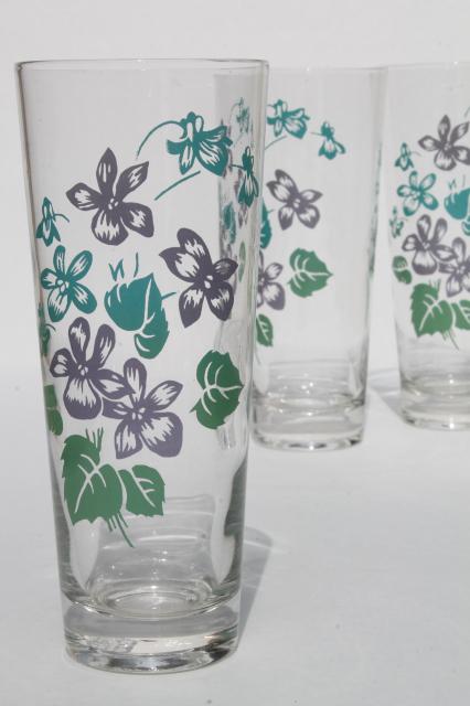 photo of vintage violet print drinking glasses, tall tumblers summer coolers w/ Royalon lavender violets  #2