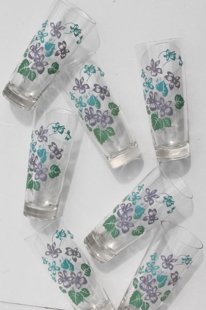 photo of vintage violet print drinking glasses, tall tumblers summer coolers w/ Royalon lavender violets  #5