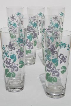 catalog photo of vintage violet print drinking glasses, tall tumblers summer coolers w/ Royalon lavender violets 