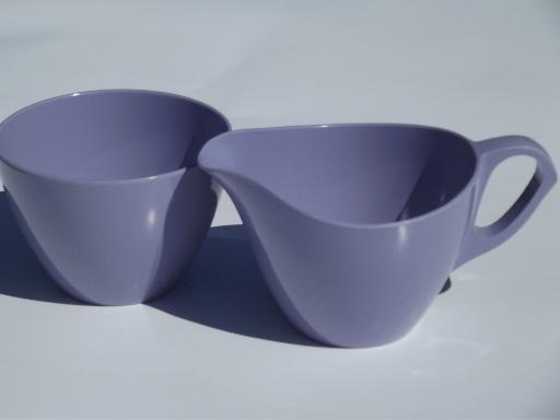 photo of vintage violet purple melmac, retro Royalon melamine cream and sugar set #1