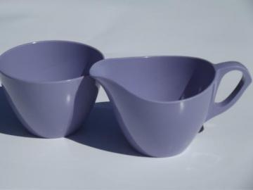 catalog photo of vintage violet purple melmac, retro Royalon melamine cream and sugar set