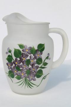 catalog photo of vintage violets glass lemonade / juice pitcher, Gay Fad hand-painted frosted glass