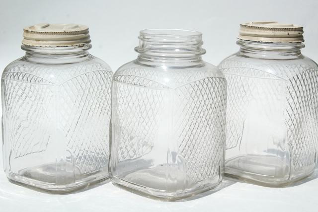 photo of vintage waffle glass hoosier jars, old square glass canisters, antique coffee / tea jars #1