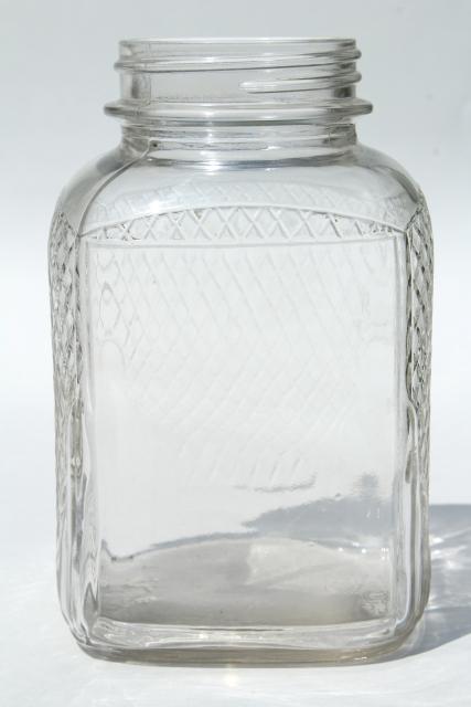 photo of vintage waffle glass hoosier jars, old square glass canisters, antique coffee / tea jars #3