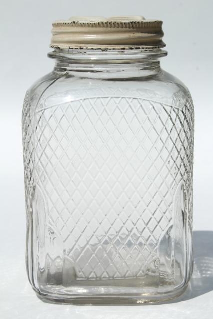 photo of vintage waffle glass hoosier jars, old square glass canisters, antique coffee / tea jars #4