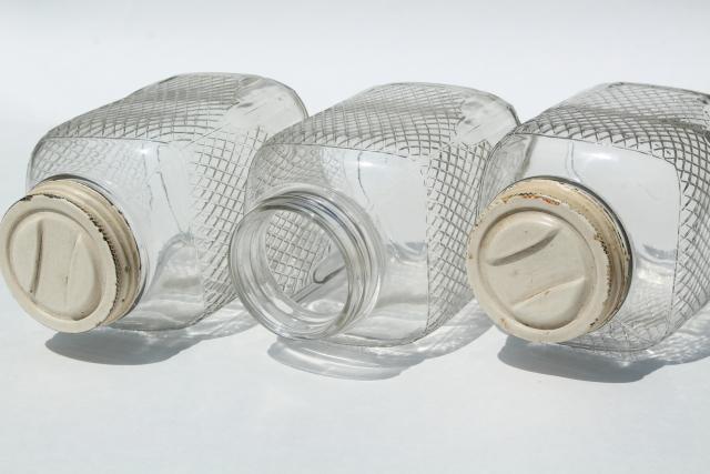 photo of vintage waffle glass hoosier jars, old square glass canisters, antique coffee / tea jars #5