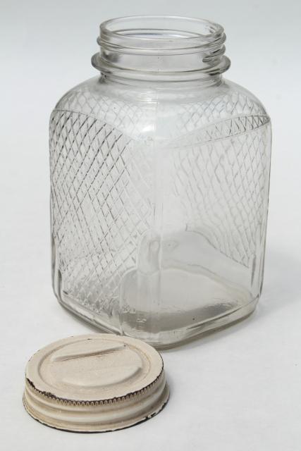 photo of vintage waffle glass hoosier jars, old square glass canisters, antique coffee / tea jars #7