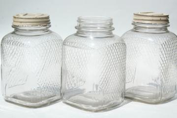 catalog photo of vintage waffle glass hoosier jars, old square glass canisters, antique coffee / tea jars