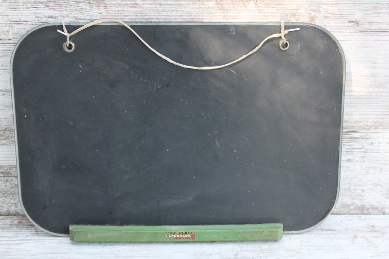 photo of vintage wall hanging blackboard chalkboard w/ green painted wood rail, rustic sign or message center  #1