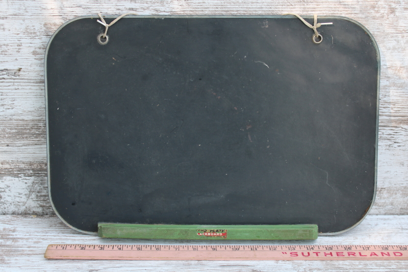 photo of vintage wall hanging blackboard chalkboard w/ green painted wood rail, rustic sign or message center  #2