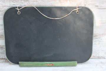 vintage wall hanging blackboard chalkboard w/ green painted wood rail, rustic sign or message center 
