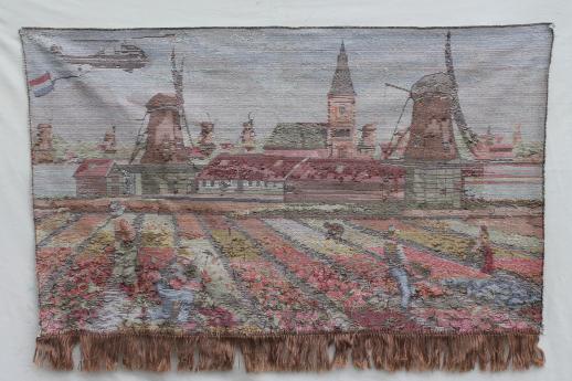 photo of vintage wall hanging tapestry, tulip fields of Holland with Dutch windmills #6