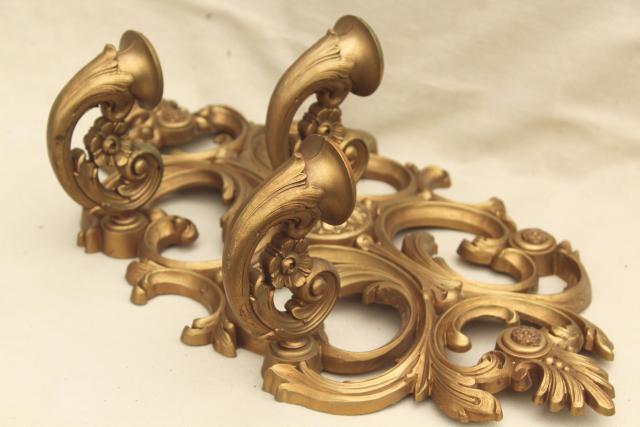 photo of vintage wall mount candle holder, gold rococo plastic ornate sconce three light #4