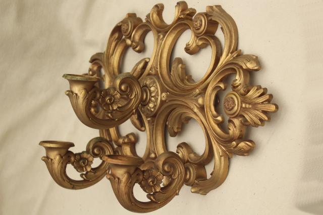photo of vintage wall mount candle holder, gold rococo plastic ornate sconce three light #5