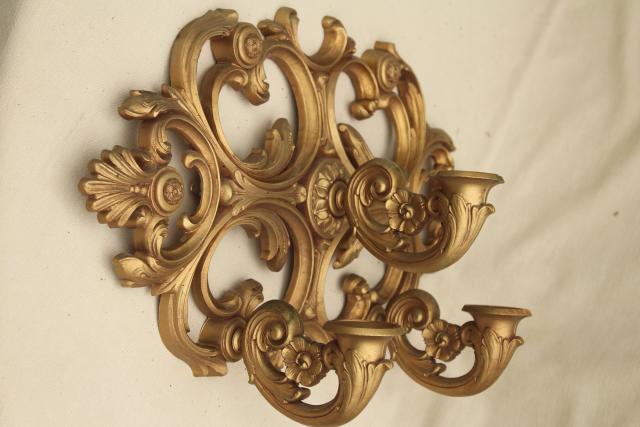 photo of vintage wall mount candle holder, gold rococo plastic ornate sconce three light #7