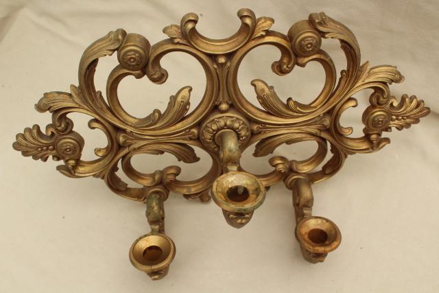 photo of vintage wall mount candle holder, gold rococo plastic ornate sconce three light #11