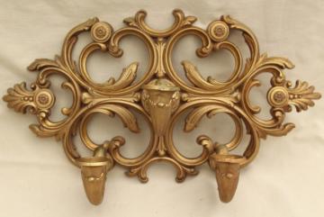 catalog photo of vintage wall mount candle holder, gold rococo plastic ornate sconce three light